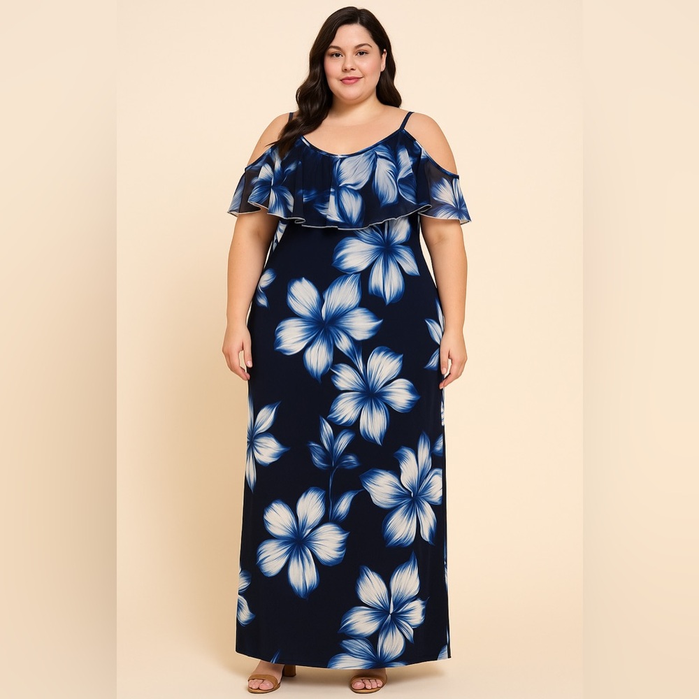 K Jordan Blue and White Ruffled Cold Shoulder Sundress